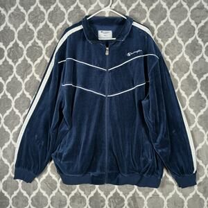 Champion Track Jacket Mens 2XLT Navy Blue Velour Full Zip Piping Stripe Logo